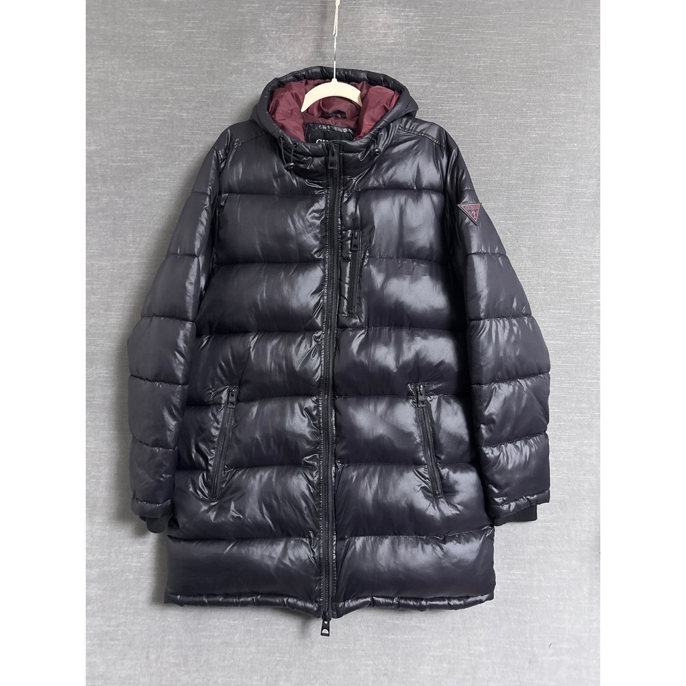 Guess Puffer Parka Coat L Black Hooded Long Quilted Winter Zip Front Puffy